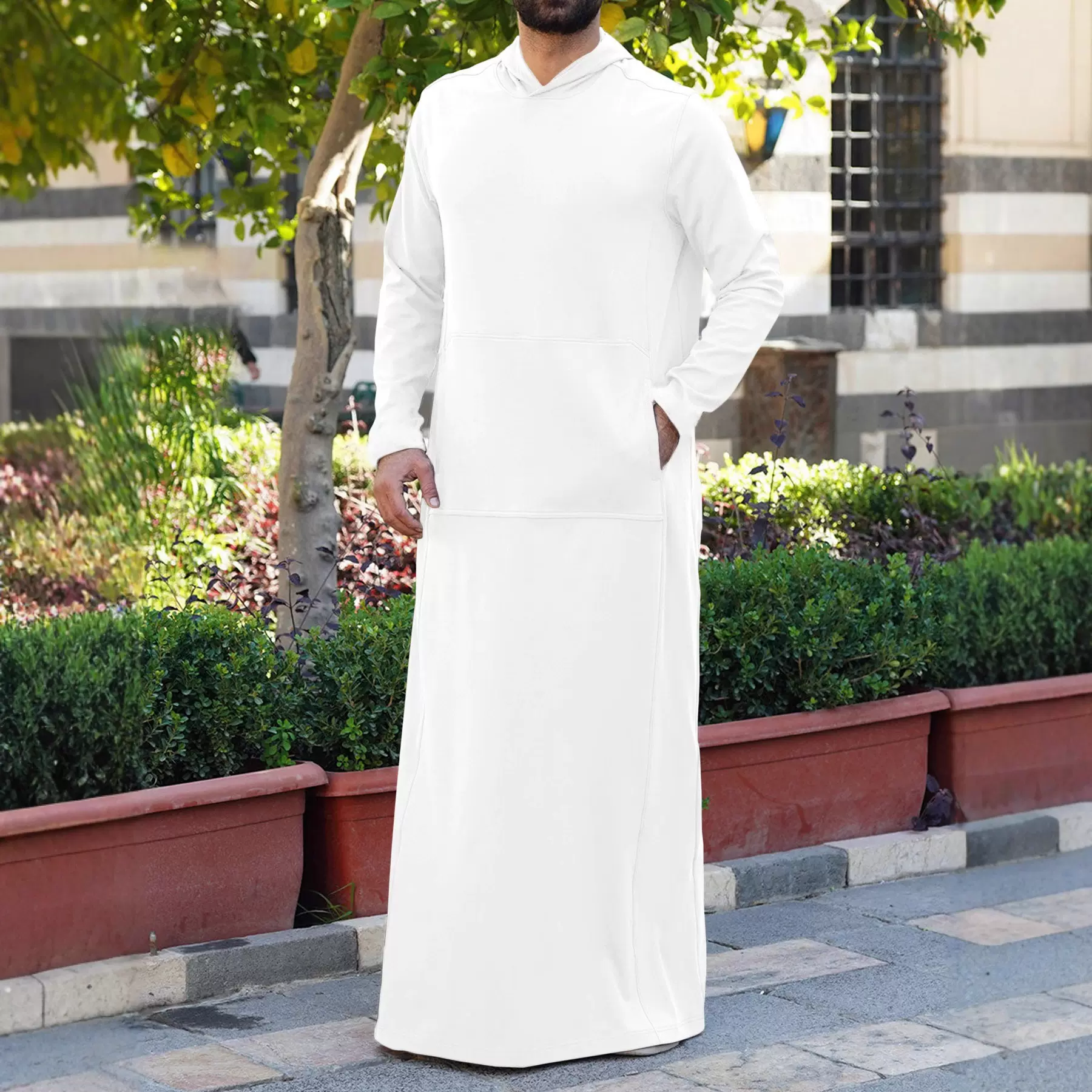 2025新款中东穆斯林男士纯色连帽口袋休闲阿拉伯卫衣长袍