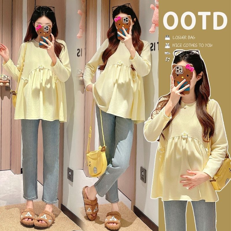 Maternity Autumn Clothing to Cover Pregnancy Belly, Embroidered Baby Doll Tops, Long-Sleeved Shirts, Pregnancy Spring & Fall Bottoming Shirts, Dresses, Autumn and Winter