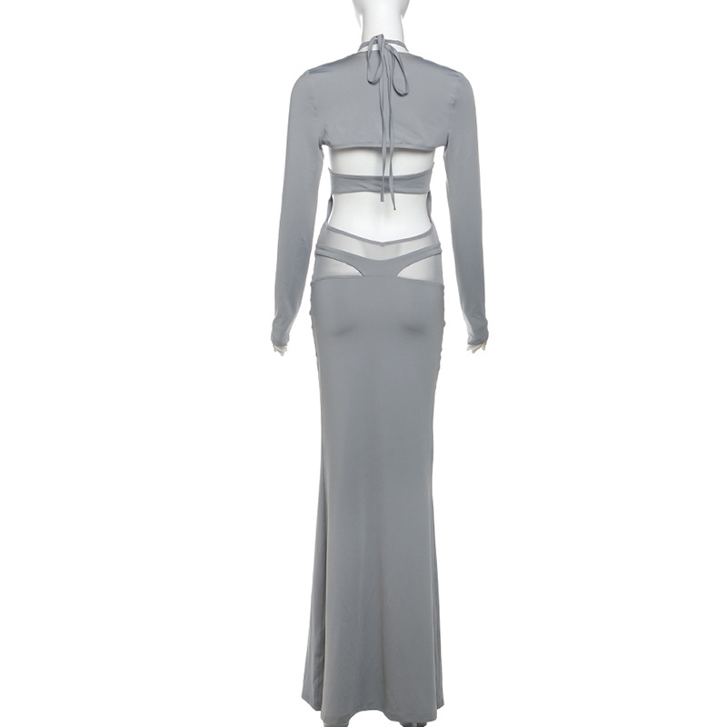 Conjunto de vestido de primavera para mujer, blusa de manga larga ajustada de color liso con cuello halter y cordones.