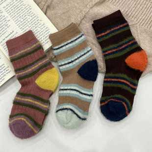 Winter thick thick striped color matching plush socks ins faux mink outer wear mid-calf length socks women's warm deodorant stockings