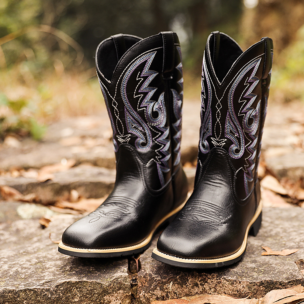 Cizme de cowboy western înalte, brodate, vintage, cu cap lat, pentru bărbați_voghion.com