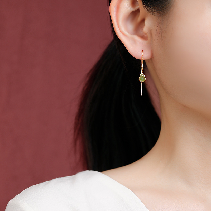 Khuyên tai dài bạc S925 mạ vàng đá Jasper hình bầu Fulu phong cách Trung Hoa — Mẫu bạc