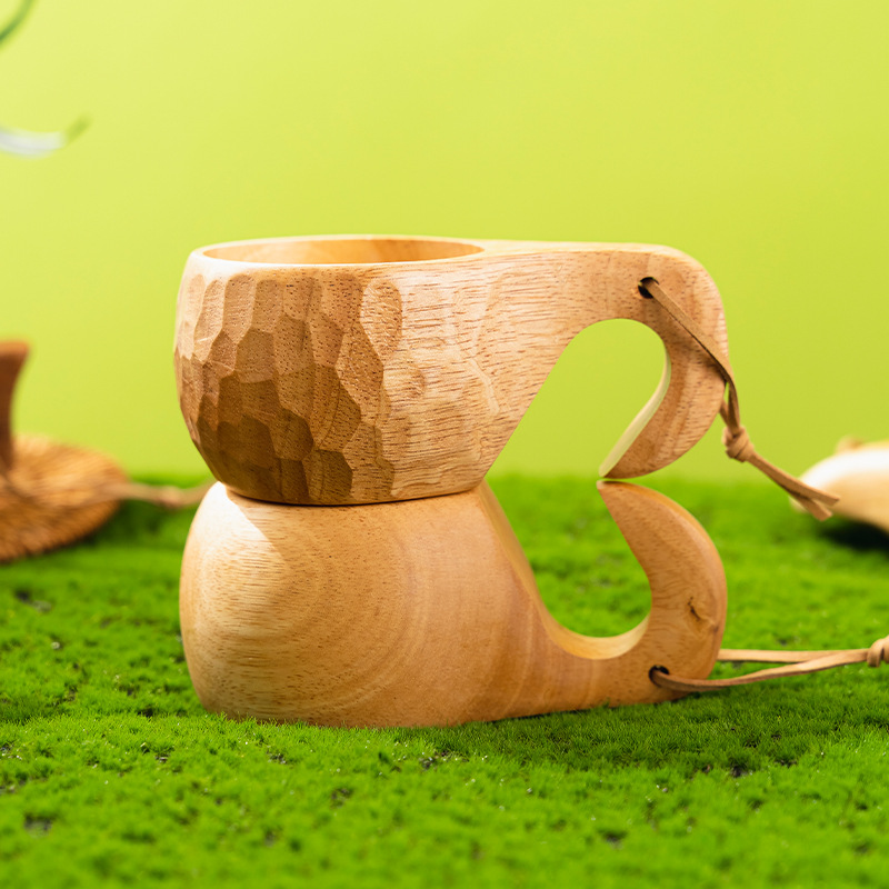 Taza de madera maciza nórdica creativa Taza de leche de desayuno para el hogar Ceremonia del té de madera Camping retro Taza de café portátil