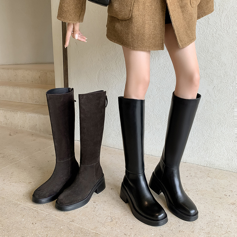 牛皮厚底简约百搭骑士靴女2025秋冬新款粗高跟圆头后拉链高筒长靴