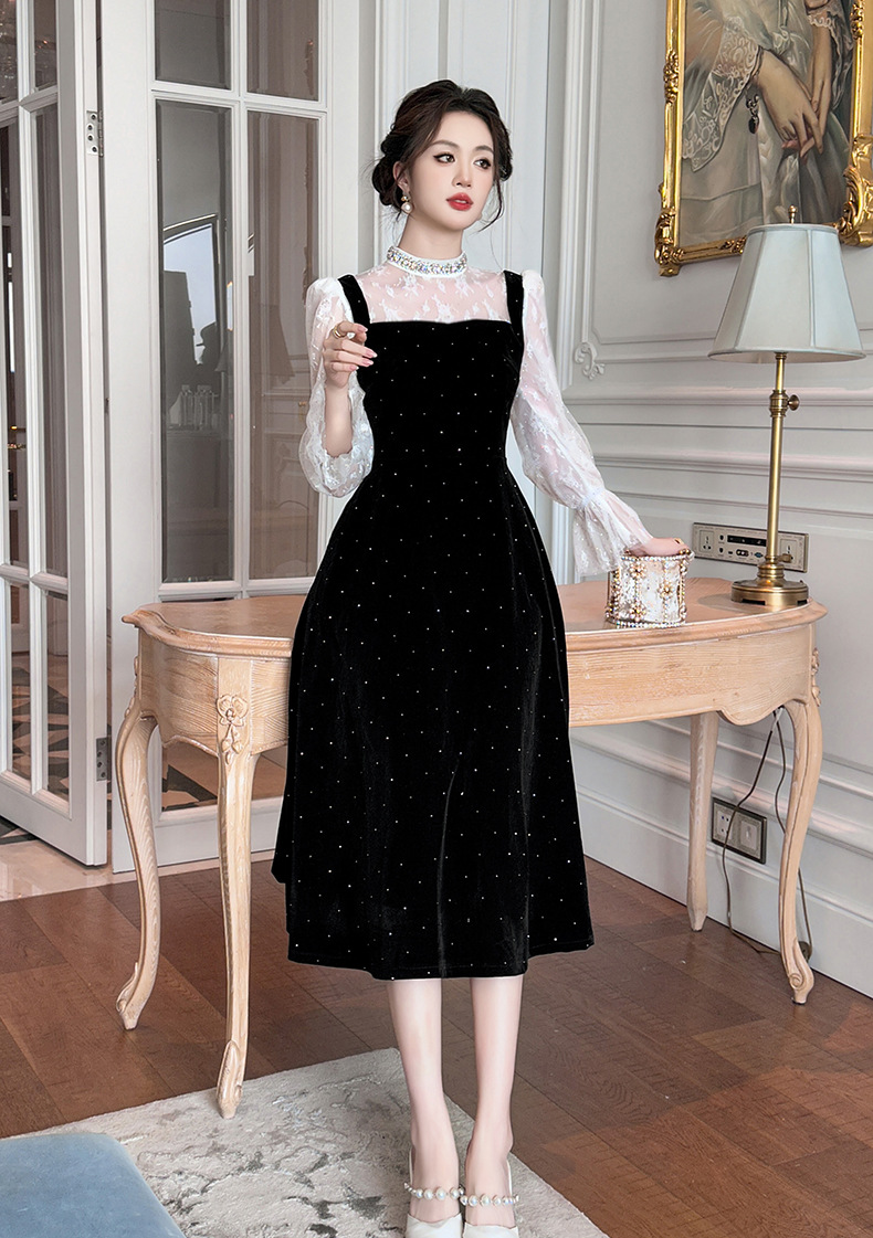 Đầm nhung đính kim cương cổ tròn eo thả dáng giả hai lớp — đen chi tiết 11
