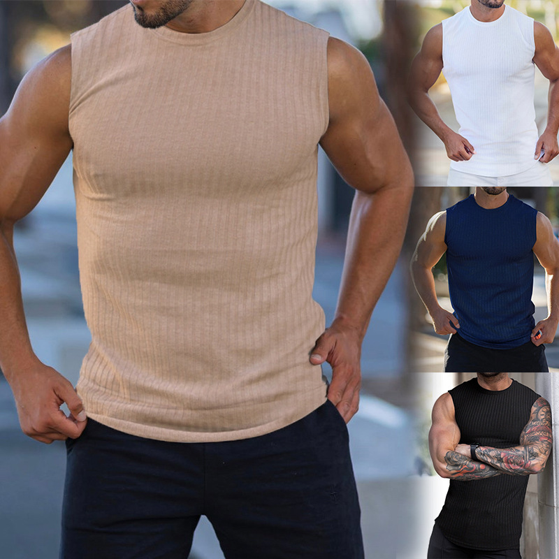 肌肉健身兄弟夏季新款健身竖条纹背心男士户外跑步休闲运动无袖工