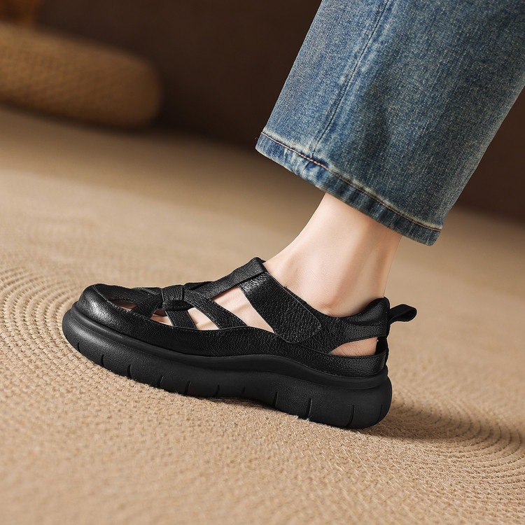 Sandal nữ đế dày da cừu phối quai ngang phong cách học đường — màu đen, màu trắng ngà chi tiết 35