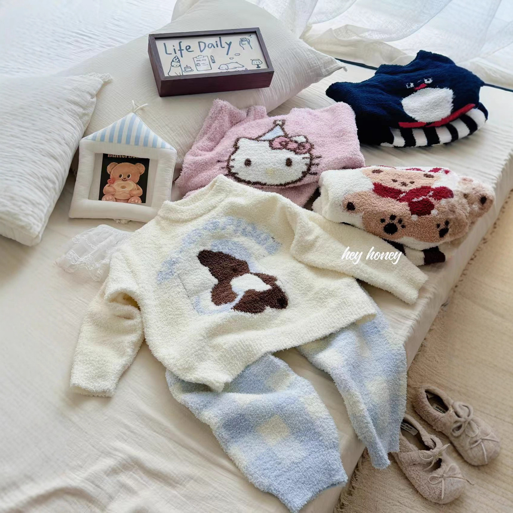 大小卷家居服25秋冬新韩版男同女童半边绒可爱亲子装加厚保暖套装