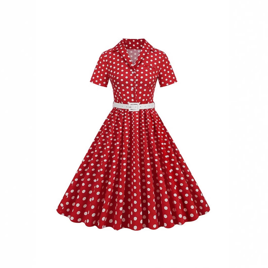 Amazon European and American Clothing Short-Sleeved 2025 New Polka Dot Splicing Belt Hepburn Retro French Skirt