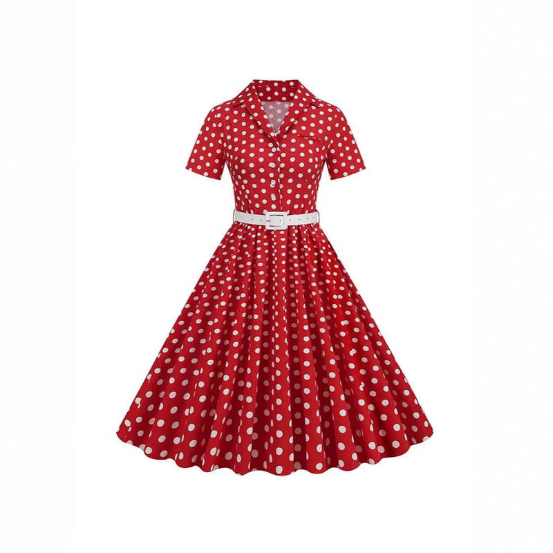 Amazon European and American Clothing Short-Sleeved 2025 New Polka Dot Splicing Belt Hepburn Retro French Skirt Amazon European and American Clothing Short-Sleeved 2025 New Polka Dot Splicing Belt Hepburn Retro French Skirt