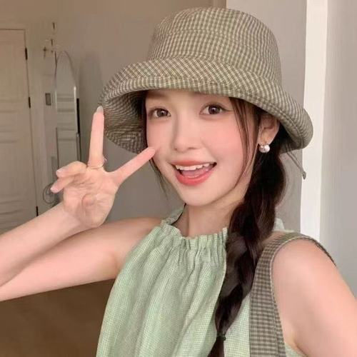 Japanese Retro Gingham Fisherman Hat for Women - Summer Thin Model Breathable Sun Hat for Face Slimming and Versatile Sun Hat