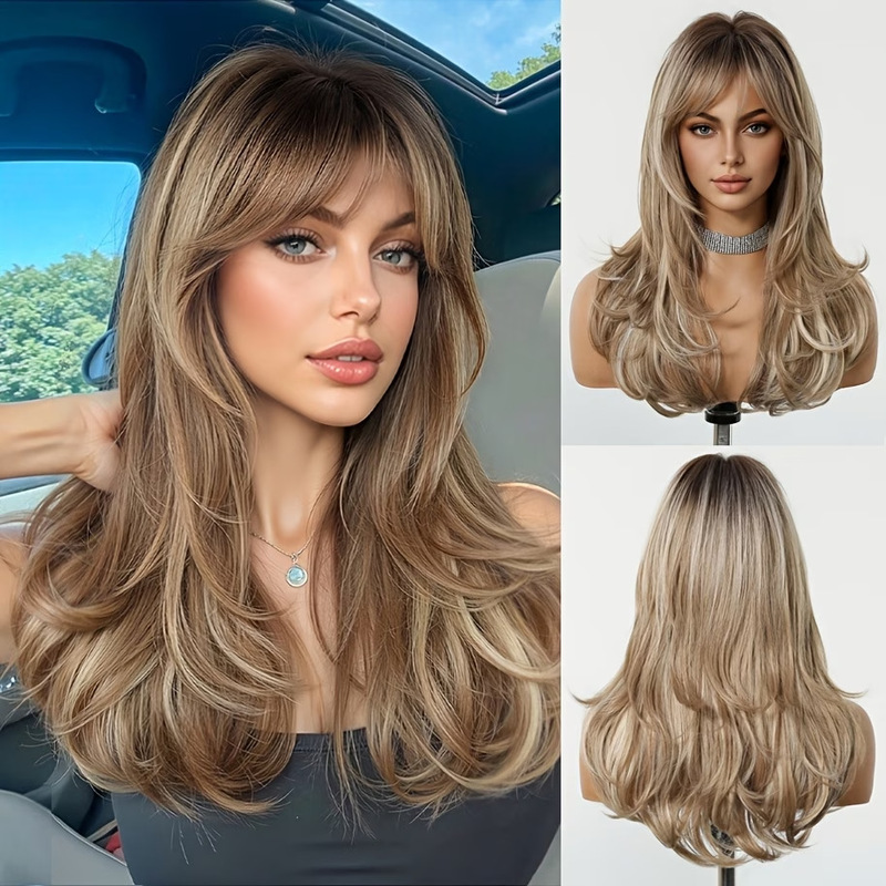 Wholesale Gradient Color Wigs, Long Curly Wigs in the Same Style as Rose, Everyday Platinum Blonde Wigs with Bangs for Women Wholesale Gradient Color Wigs, Long Curly Wigs in the Same Style as Rose, Everyday Platinum Blonde Wigs with Bangs for Women