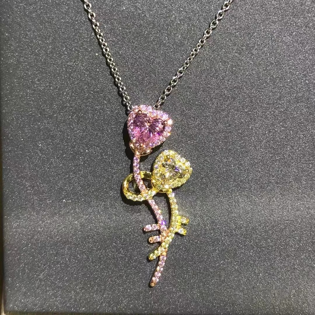 Corazón de color separación de color rosa amarillo de alto carbono colgante de diamante 2 quilates collar de diamante de alto carbono importado