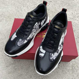 档布男鞋头层牛皮系带涂鸦印花拼色休闲鞋缝制橡胶发泡底软底板鞋