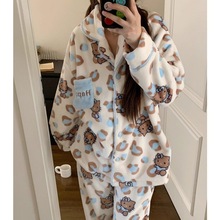 【胜杯跨境严选】豹纹黑皮睡衣女法兰绒秋冬季开衫珊