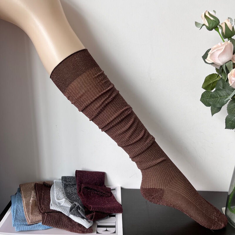 Fashionable Silver Shiny Silk Over-The-Knee Stockings for Women Spring and Summer Ultra-Thin Miu Catwalk Black and Gray Stacked Calf Socks