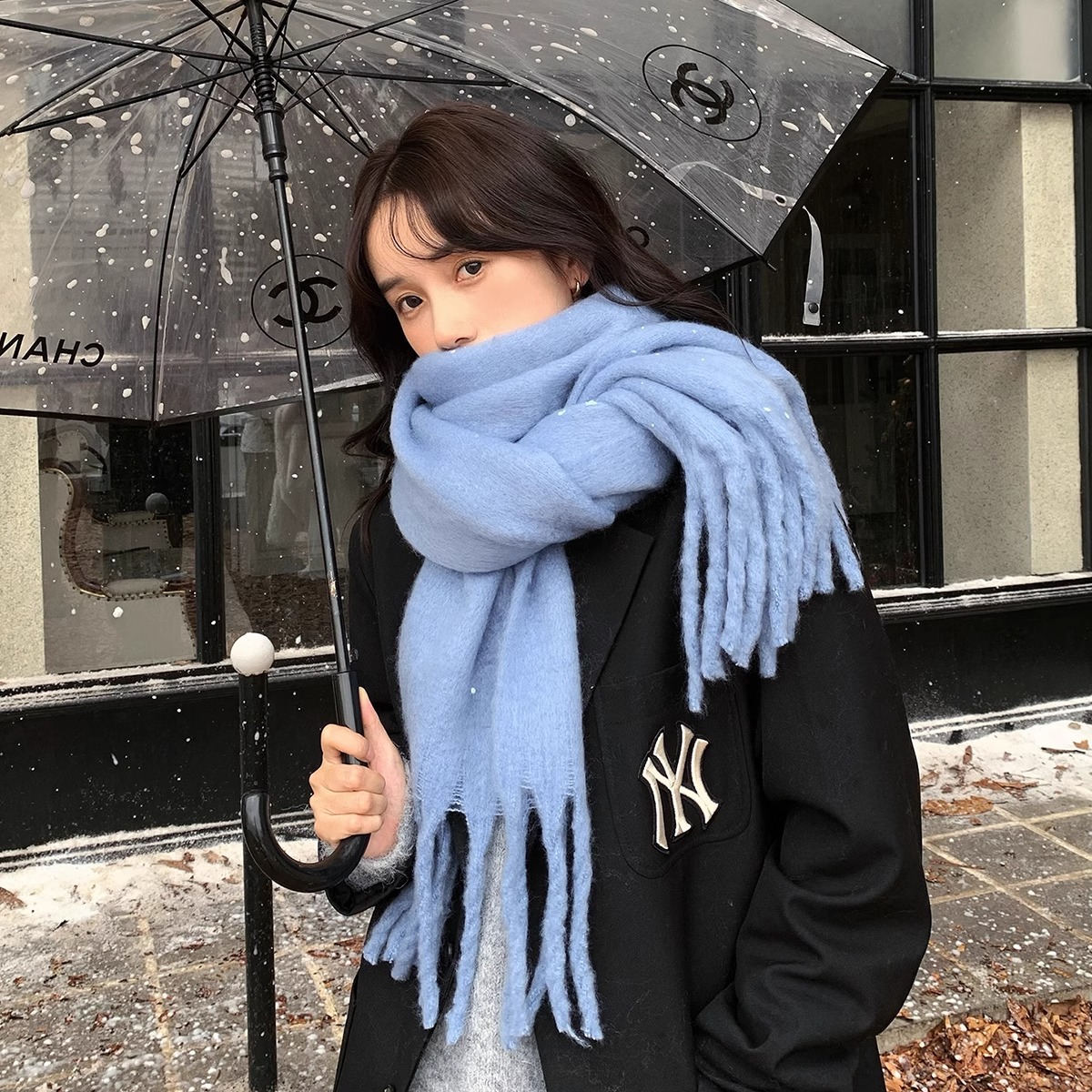 2025韩版新款纯色加厚保暖超大毛绒长围巾女冬季百搭流苏披肩围脖