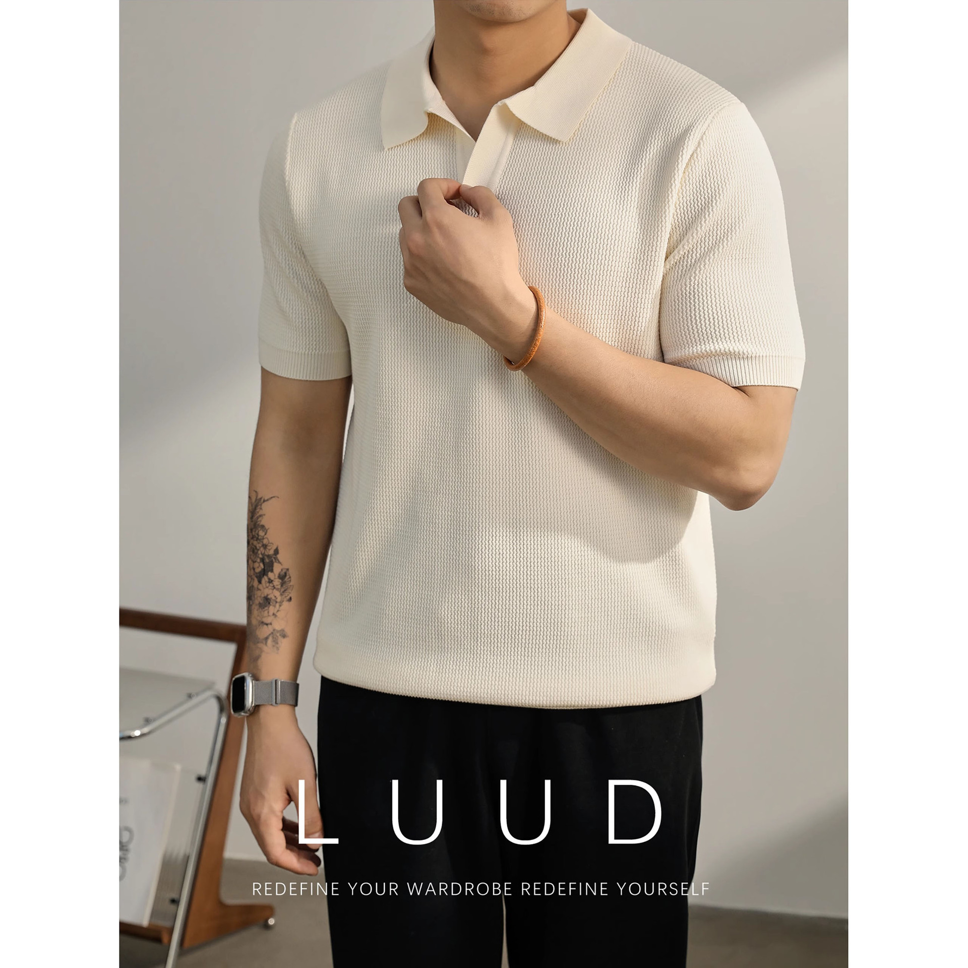 Verano nuevo suéter de punto de seda de hielo de manga corta para hombres camisa POLO de negocios delgada con cuello en V comercio exterior coreano al por mayor transfronterizo