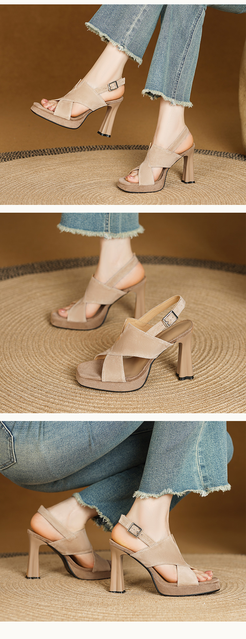 Sandal cao gót nữ hở mũi quai ngang phong cách La Mã, gót 11 cm, da cừu mờ — Màu đen, Màu mơ chi tiết 4