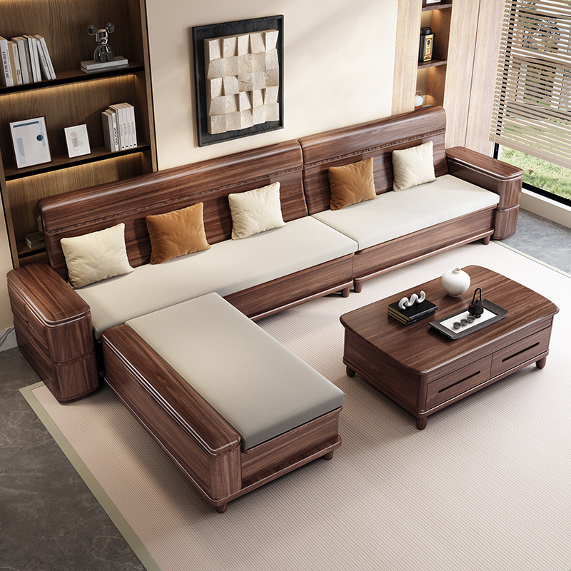 Black Walnut Solid Wood Sofa Combination Chinese Style Corner Chaise Longue Winter and Summer Dual-Use Storage Wooden Sofa Rural Home