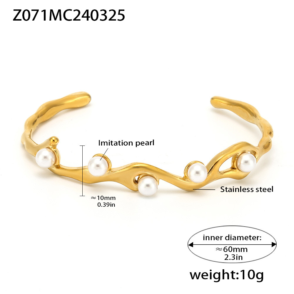 Qiongyao ins Cross-border chapado en oro real de 18 quilates imitación de perlas pulsera abierta diseño personalizado no se desvanece pulsera de acero de titanio en forma de C