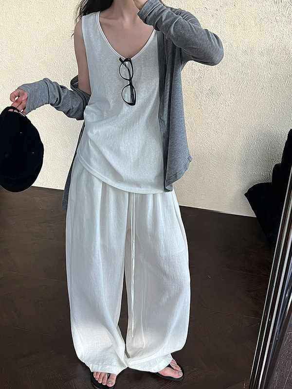 NS慵懒休闲韩系女夏季新款遛弯纸片人开衫+无袖背心套装0895|undefined