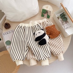 秋冬ins童裝褲子韓版條紋加絨保暖褲1-3歲男寶寶卡通束腿大屁屁褲