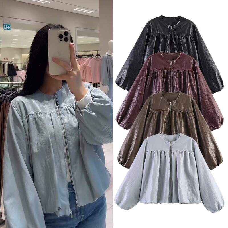 European and American Cross-Border Street Fashion Balloon-Style Short Faux Leather Women's Jacket with Sleeves European and American Cross-Border Street Fashion Balloon-Style Short Faux Leather Women's Jacket with Sleeves