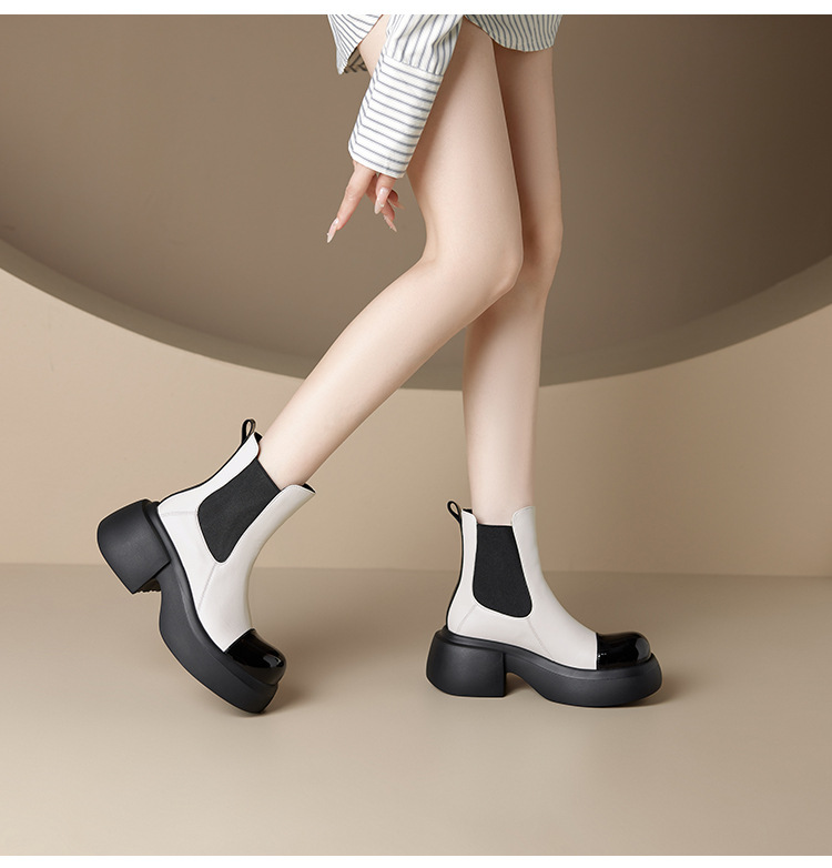 Giày boot Chelsea da thật cổ ngắn phối màu thu đông 2025, gót 6cm đế dày — đen, Màu trắng nhạt chi tiết 13