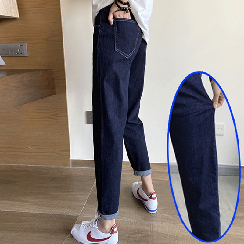 智贝主图_0大码弹力深蓝色牛仔裤女装春季新款哈伦裤胖mm高