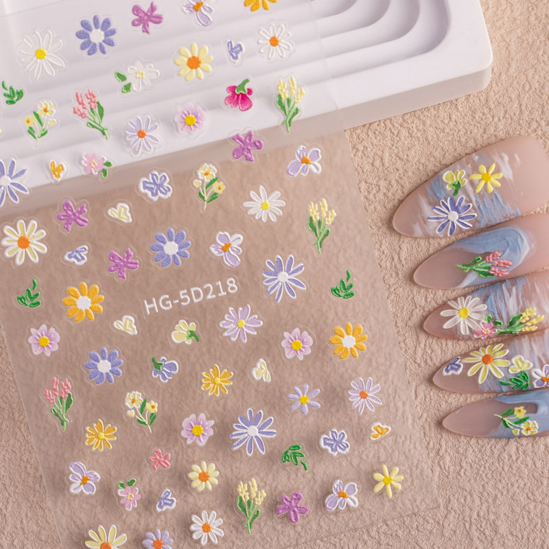 Spring Painted Small Flower Nail Art Stickers 5D Relief Stereo Exquisite Oil Painting Wildflower Nail Stickers Jewelry Hg Style