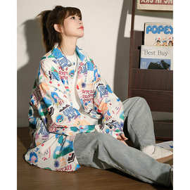 复古花衬衫男女春秋青少年痞帅潮牌高级感衬衣卡通休闲外套