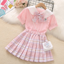 女童套装夏季新款儿童时尚洋气星黛露短袖格子半身裙学院风两件套