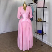 现货2025跨境欧美女装粉雪纺连衣裙夏季短袖气质V领收腰礼服长裙