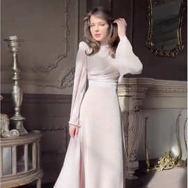 欧美亚马逊跨半高领连衣裙女2024年新款长袖茶歇法式仙女收腰长裙