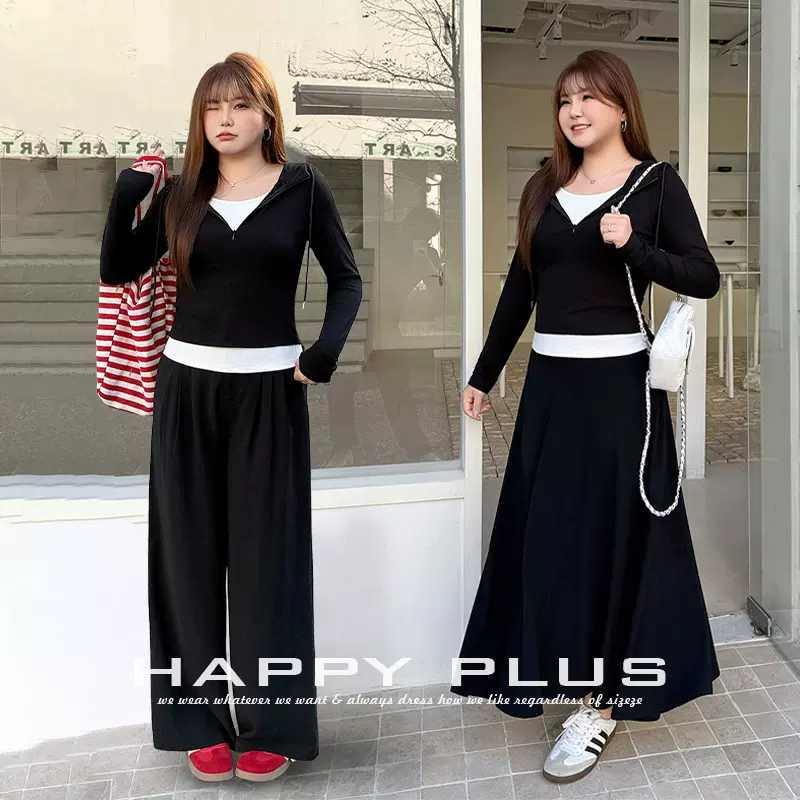 极简休闲拉链连帽时髦假两件上衣润其9490大码2026春新款休闲套装