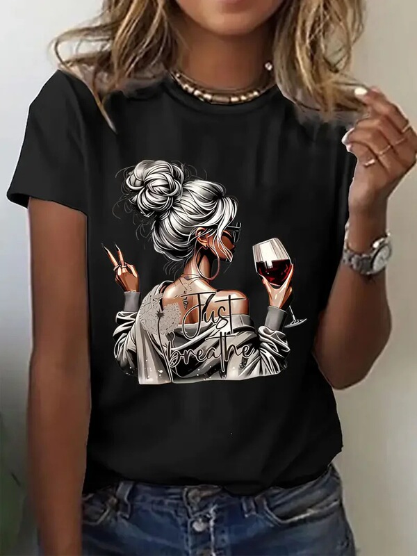 【Cross-Border European Size】Millennium 90S 2000S Hot Selling Fashion T-Shirt Artistic Wine Beverage T-Shirt Print Short