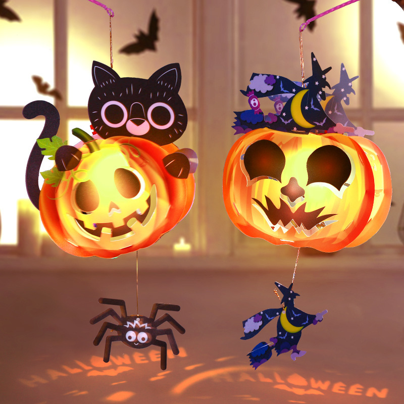 Halloween portable led pumpkin lamp black cat bat projection lamp kerosene lantern Halloween party decoration props