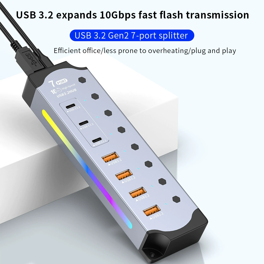 Многопортовый USB-хаб RGB USB3.2 Gen2, высокоскоростной расширитель 10 Гбит/с, многопортовый USB-хаб USB3.2