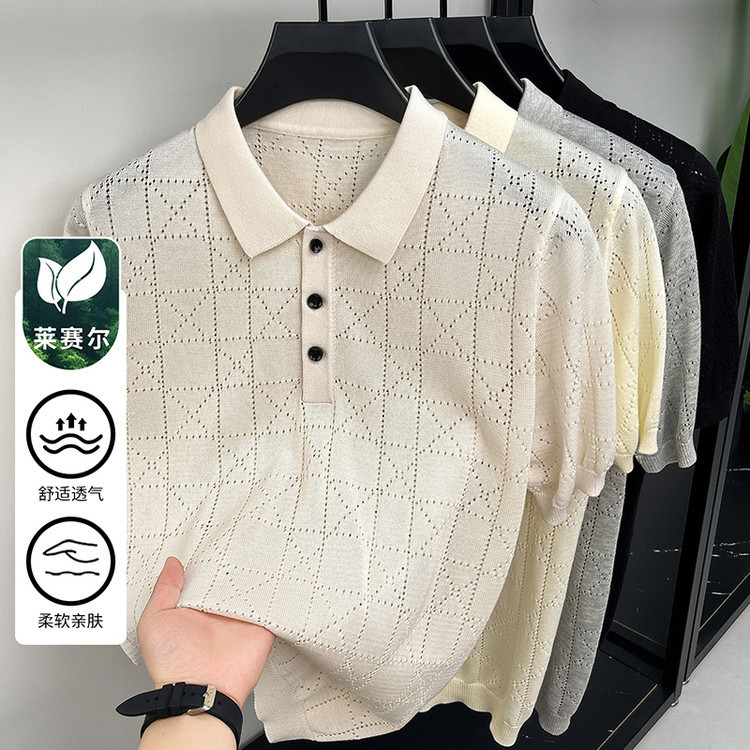 Lyocell 100% Men's Knitted Short-Sleeved T-Shirt Summer Casual Business Breathable Polo Shirt Men's Clothing