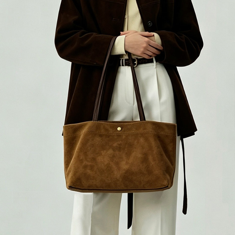 Women's Tote Bag 2026 Autumn/Winter New Vintage Suede Cowhide Shoulder Underarm Bag Large Capacity Suede Shopping Bag for Women