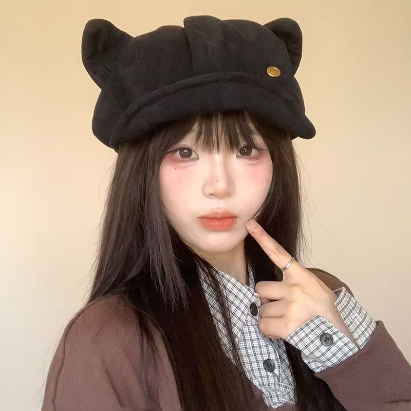 麂皮绒猫耳贝雷帽子女秋冬季新款纯色复古百搭八角帽显脸小画家帽|undefined