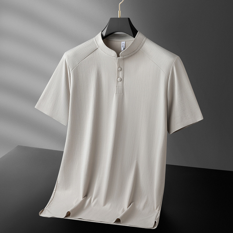 Light Luxury High-End Casual Suit for Men, Summer Stand-Up Collar, Comfortable Ice Silk Short-Sleeve T-Shirt, Elastic Waist Long Pants