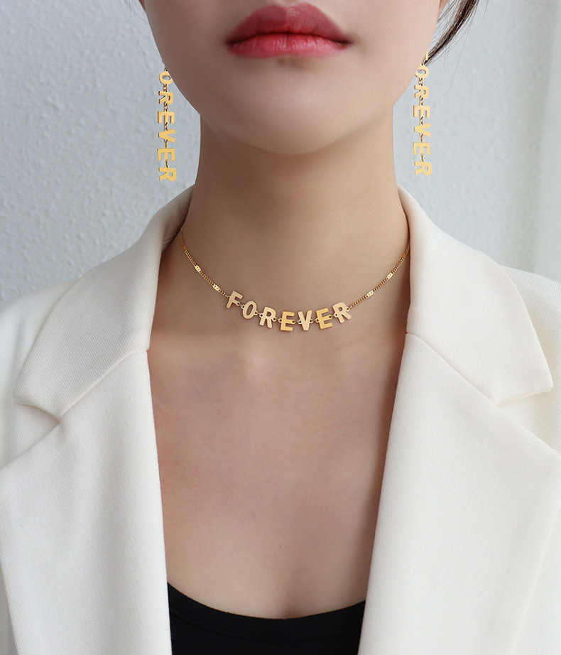 Übertriebener Stil Titanstahl Englische Buchstaben Anhänger Halskette Ohrringe Sets display picture 9