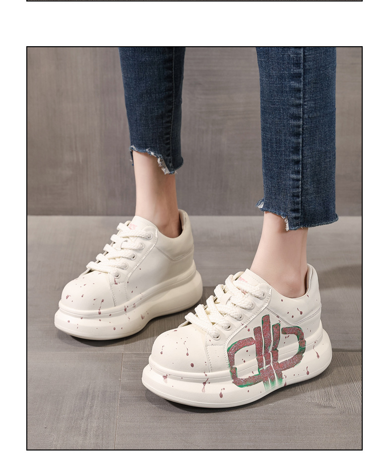 Giày sneaker nữ đế dày tăng chiều cao phong cách graffiti trắng hồng — Trắng hồng chi tiết 13