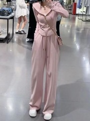 炸街粉色休闲套装女春秋冬新款修身显瘦连帽拉链卫衣阔腿裤两件套