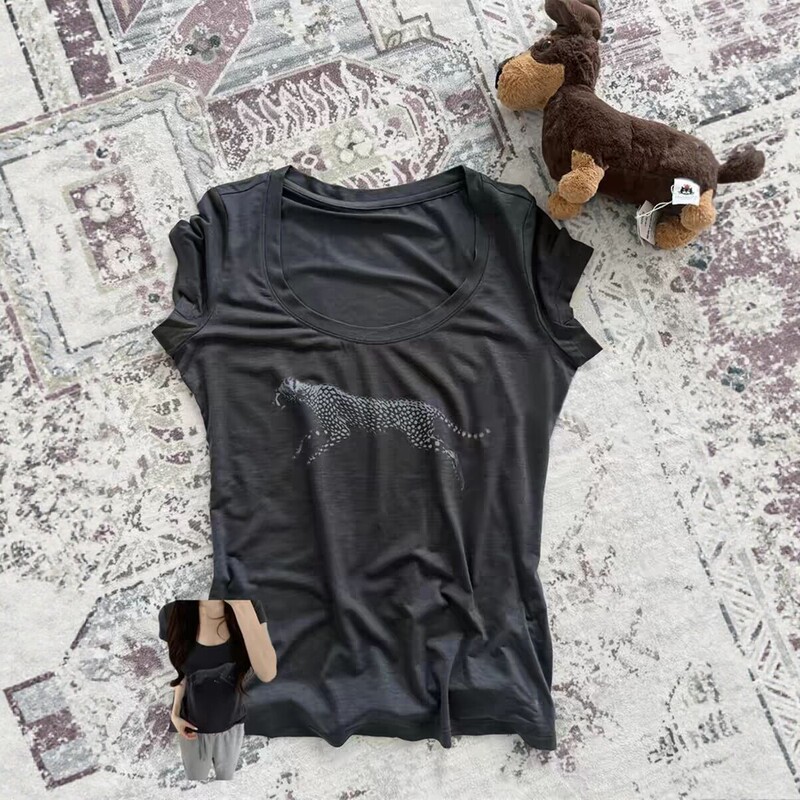 Black Round Neck Leopard Print Slim Fit Short-Sleeved T-Shirt for Women Summer New Elastic Quick-Drying Work Clothing Casual Top