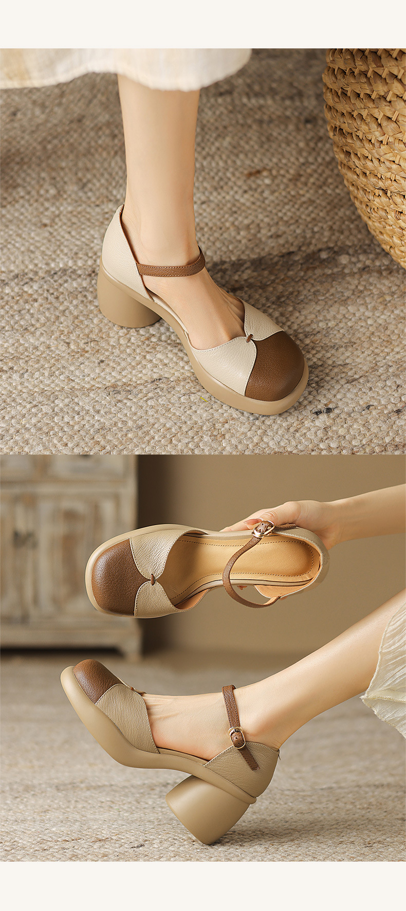 Sandal cao gót nữ bít mũi da cừu phối màu đế dày gót vuông quai ngang — Màu trắng be chi tiết 9