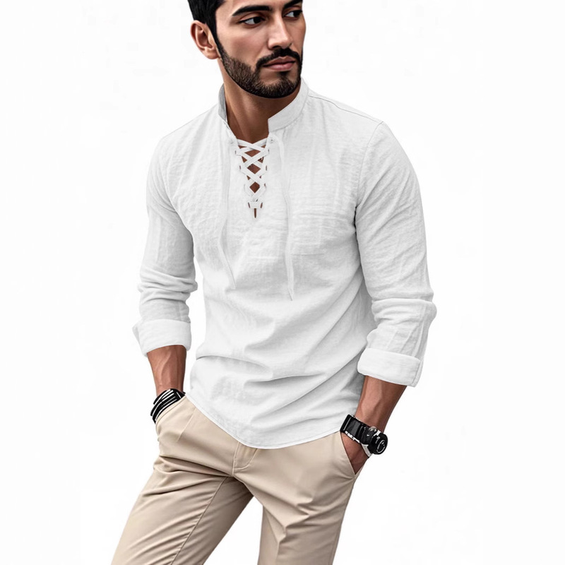 Men's Long-Sleeved New European and American Cotton and Linen Henry Shirt Hippie Casual Beach Stand-Up Collar Shirt Solid Color European Size Cross-Border Men's Long-Sleeved New European and American Cotton and Linen Henry Shirt Hippie Casual Beach Stand-Up Collar Shirt Solid Color European Size Cross-Border