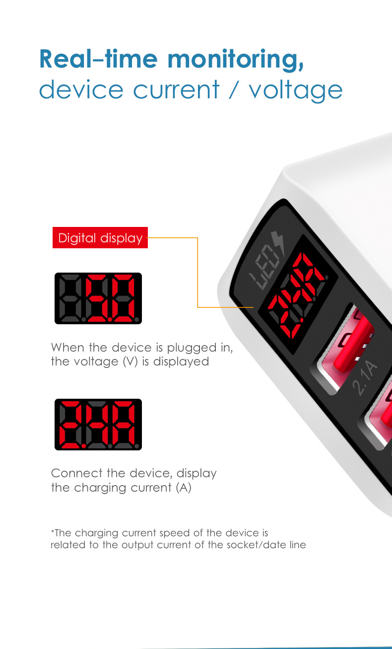 5V2.4A Multi port USB punjač Inteligentni digitalni zaslon Trenutni napon Glava za punjenje mobilnog telefona Pogodna za Apple_voghion.com